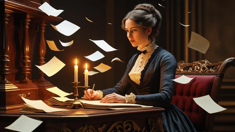 Alternate concept — Victorian woman writing by candlelight, papers drifting in the air