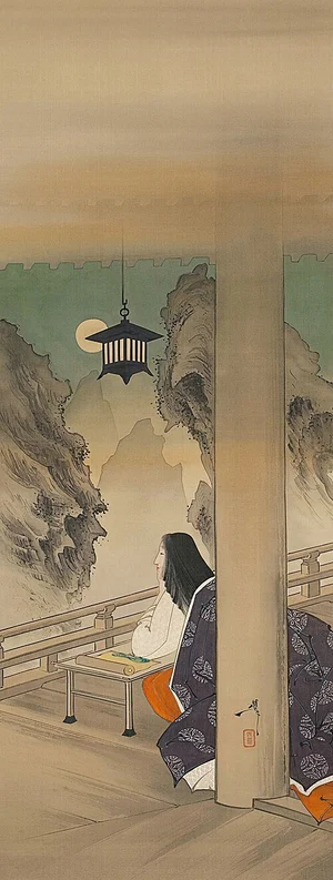 Nineteenth-century Japanese print by Tsukioka Yoshitoshi imagining Murasaki Shikibu at Ishiyama-dera Temple.