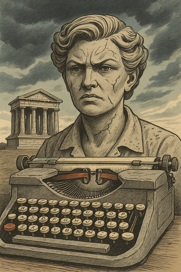 Hand-drawn, muted illustration of a weathered stone bust of a determined woman in front of a cracked old typewriter. A crumbling temple and stormy sky loom behind.