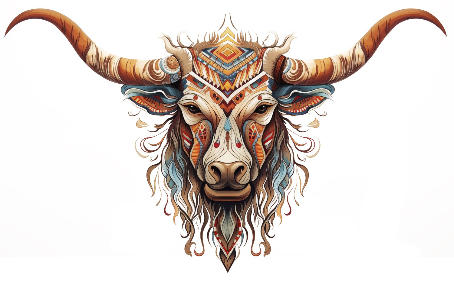 An illustrated, stylized depiction of a bull's head with large curved horns, detailed with tribal and geometric patterns in earthy tones, blue, and red.