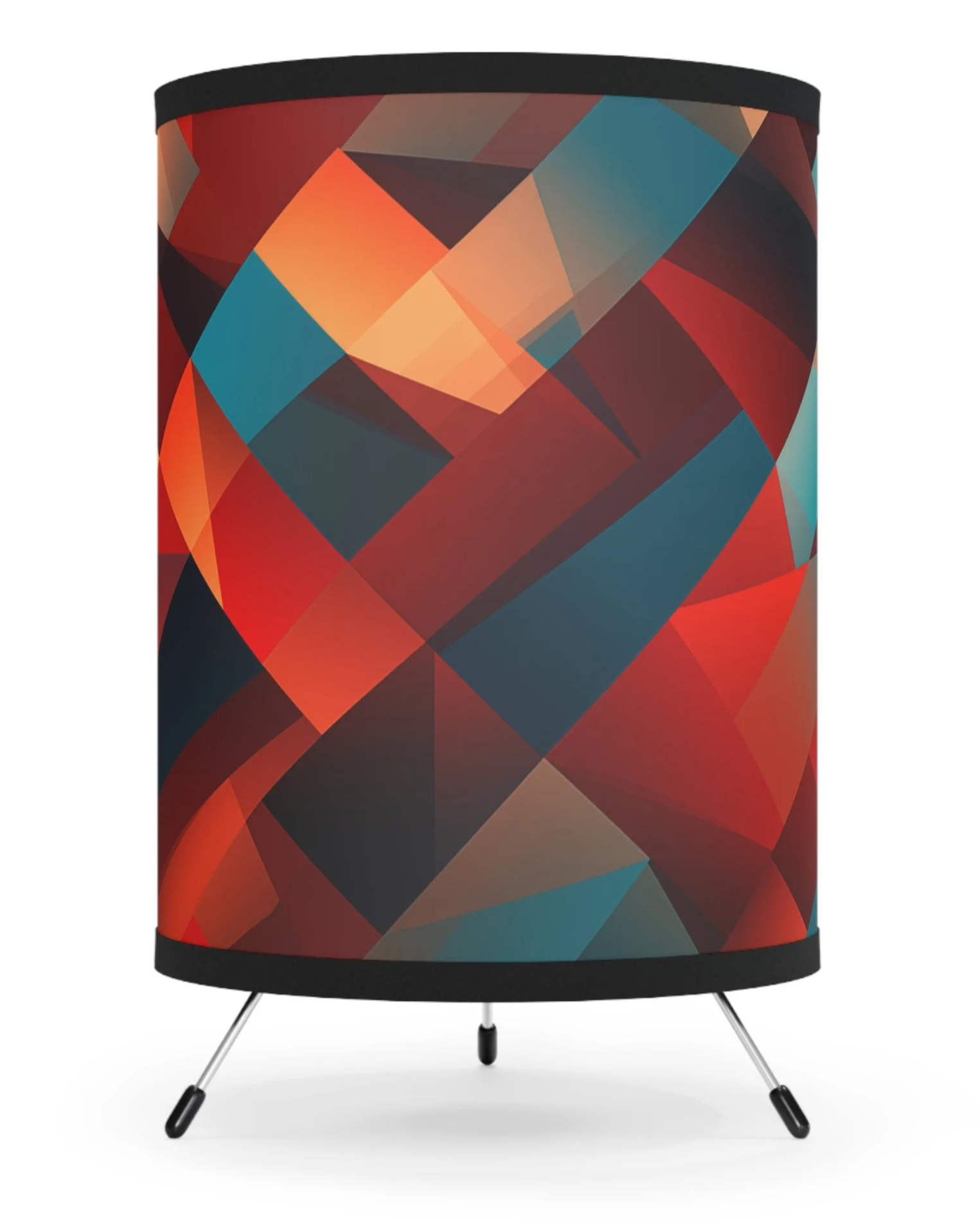 Tripod table lamp with colorful cubist-inspired shade.