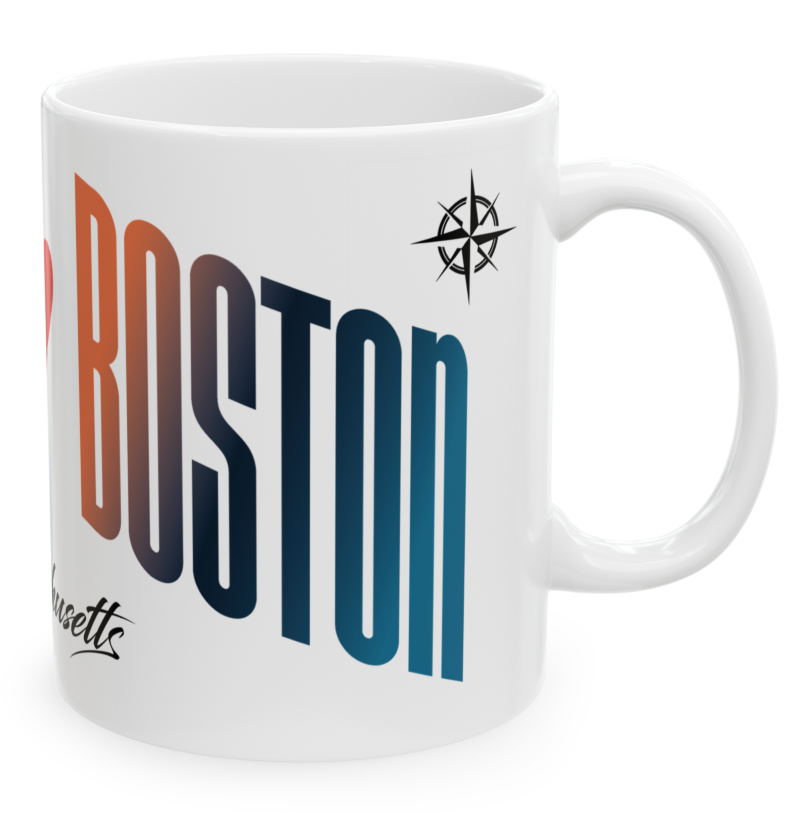 White coffee mug with large printed text 'BOSTON' in a gradient from orange to blue, the word 'Massachusetts' in cursive, and a small black compass rose symbol near the handle.