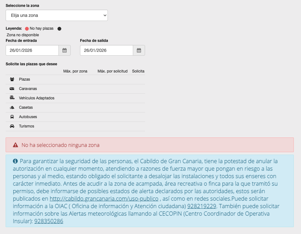 The booking page of the camping online system on the Gran Canaria website