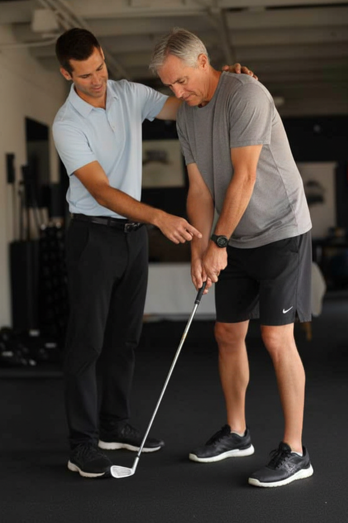 A golf instructor is teaching a man how to hold a golf club indoors, demonstrating proper grip and stance.