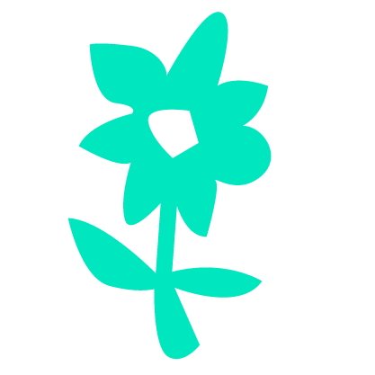 Simplified turquoise illustration of a flower with five petals, a stem, and two leaves.