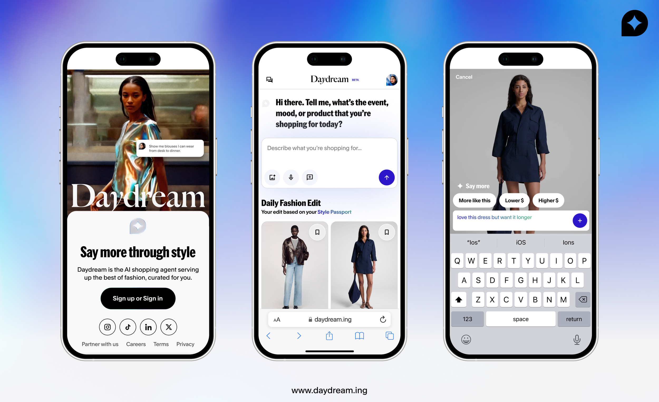 Three smartphone screens showing the Daydream AI shopping app displaying fashion images, editing features, and user interface elements.
