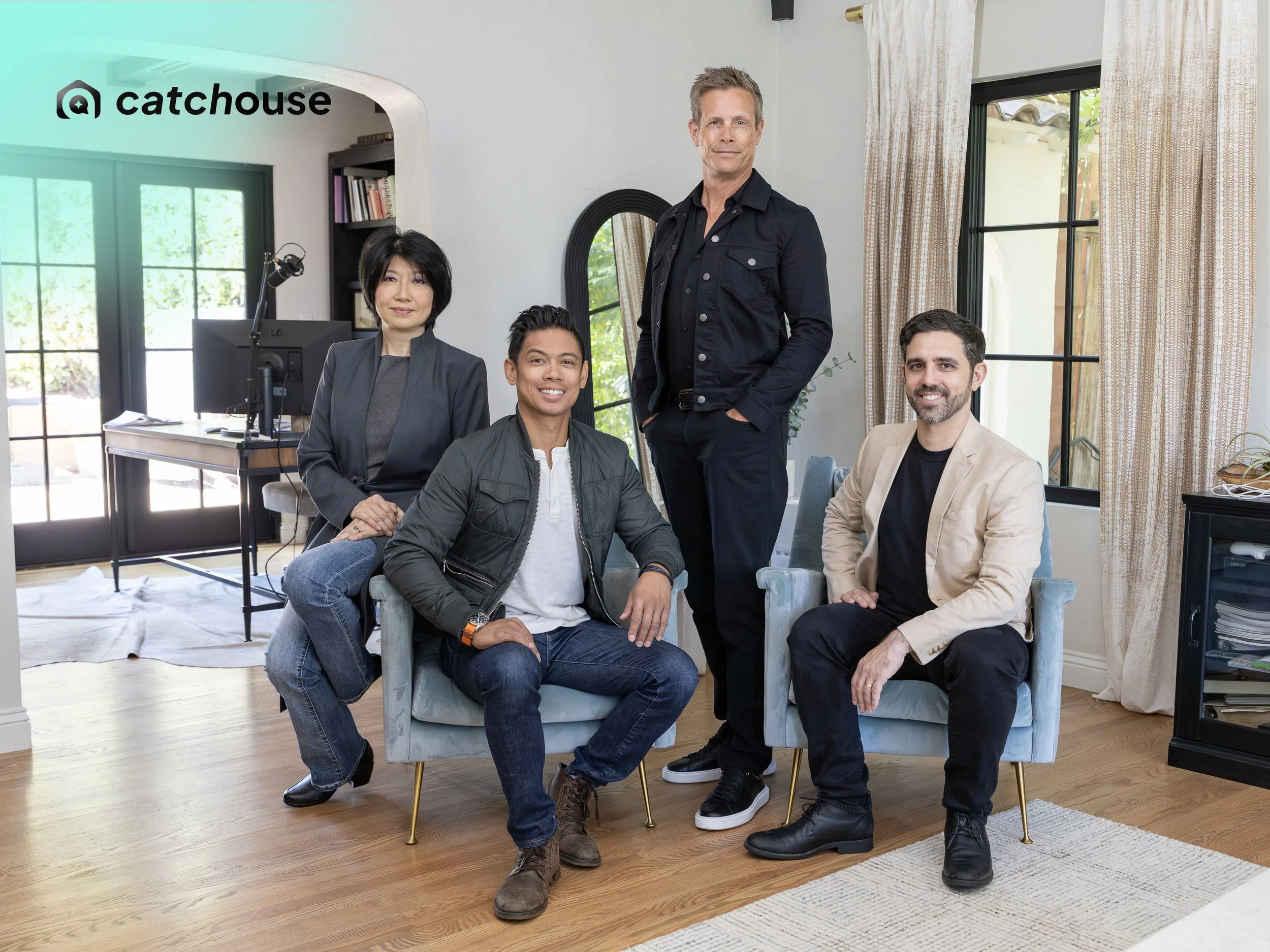 Group of five diverse professionals in a modern home office, posing for a photo, with the Catchhouse logo in the top left corner.