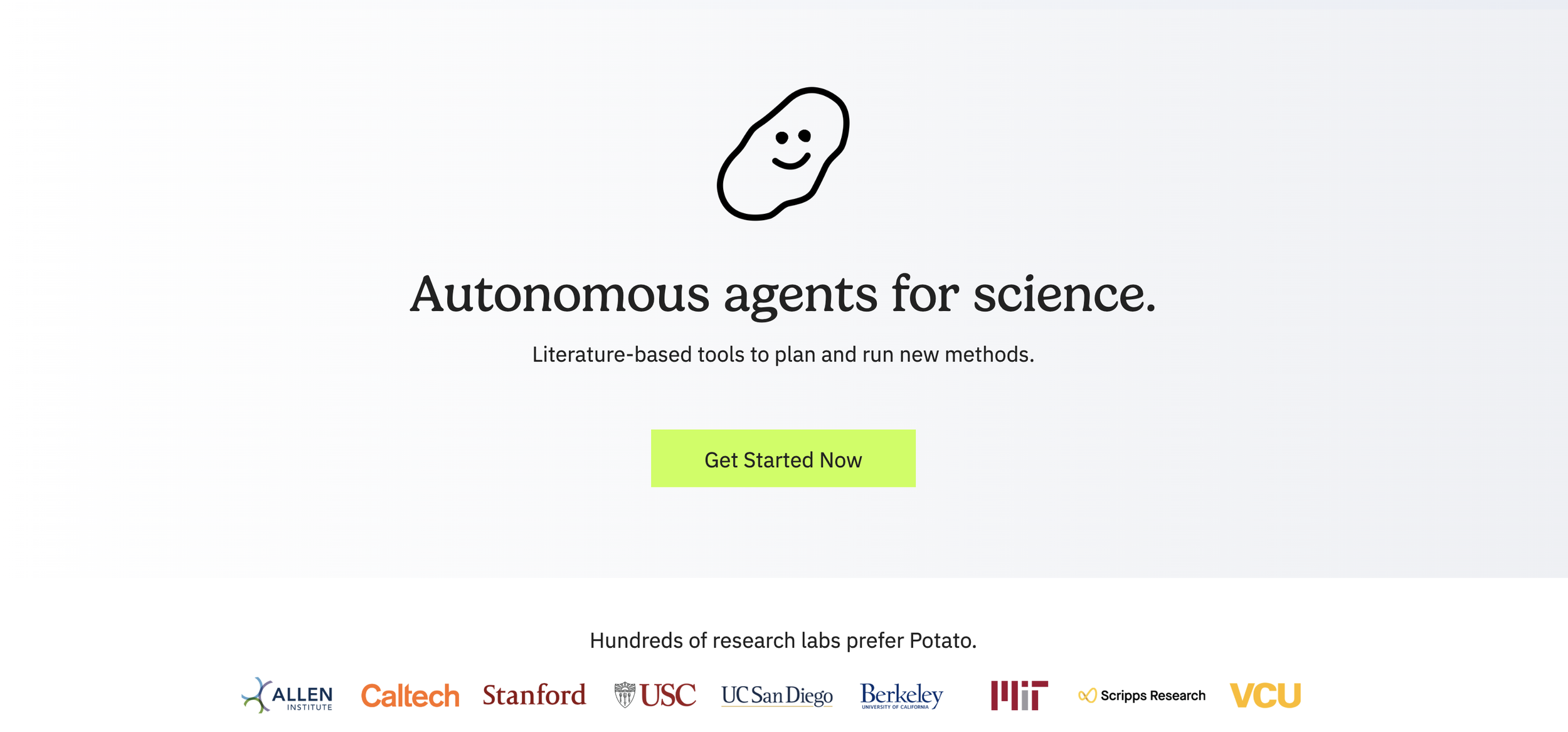 Website homepage for autonomous agents for science, with a cartoonish drawing of a happy blob and a bright green "Get Started Now" button, logos of research universities at the bottom.