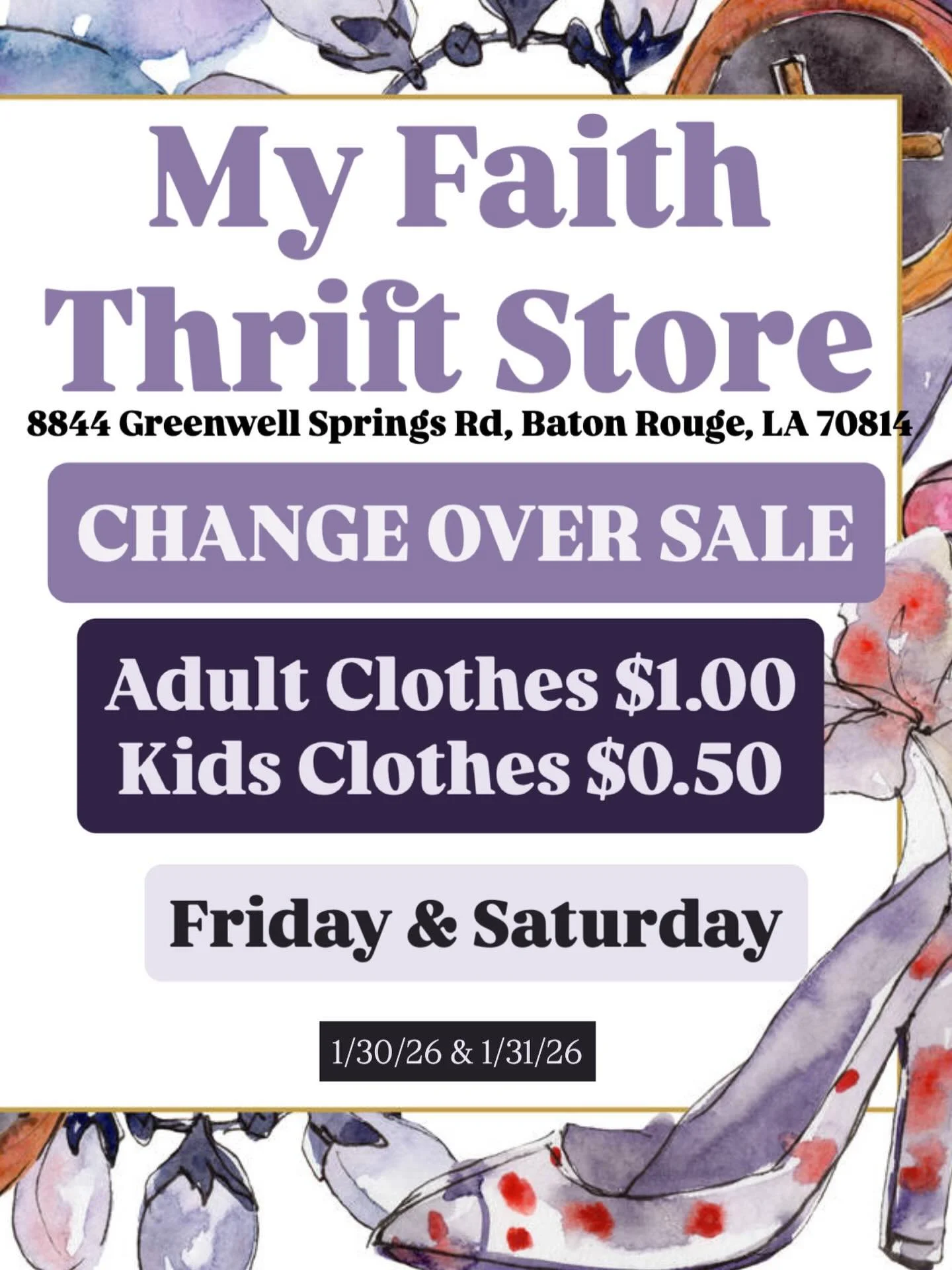My Faith Thrift Store &amp; Donation Center 
8844 Greenwell Springs Rd. 
Baton Rouge, LA
Friday and Saturday&rsquo;s Sale
#clothesforsale #clothes #boots #resale #thrift