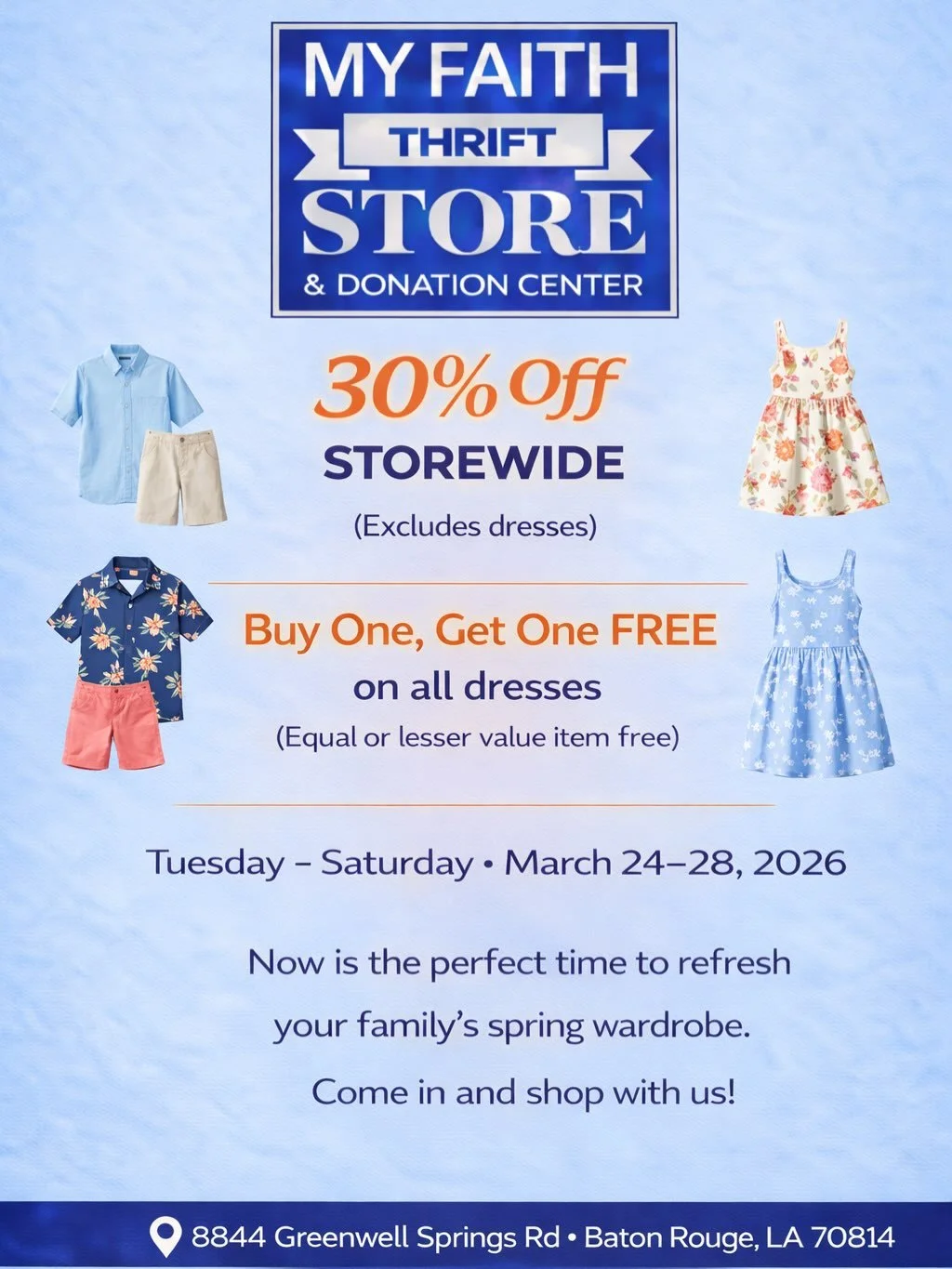 Spring styles are here! 🌼
30% OFF storewide(excluding dresses) 
+ Buy one get one FREE on dresses 👗 
(equal or lesser value)
Don&rsquo;t miss out!

🗓️March 24&ndash;28!
📍 Baton Rouge
⏰ 9AM&ndash;5:30PM

#ThriftStoreFinds #BatonRouge #springwardro