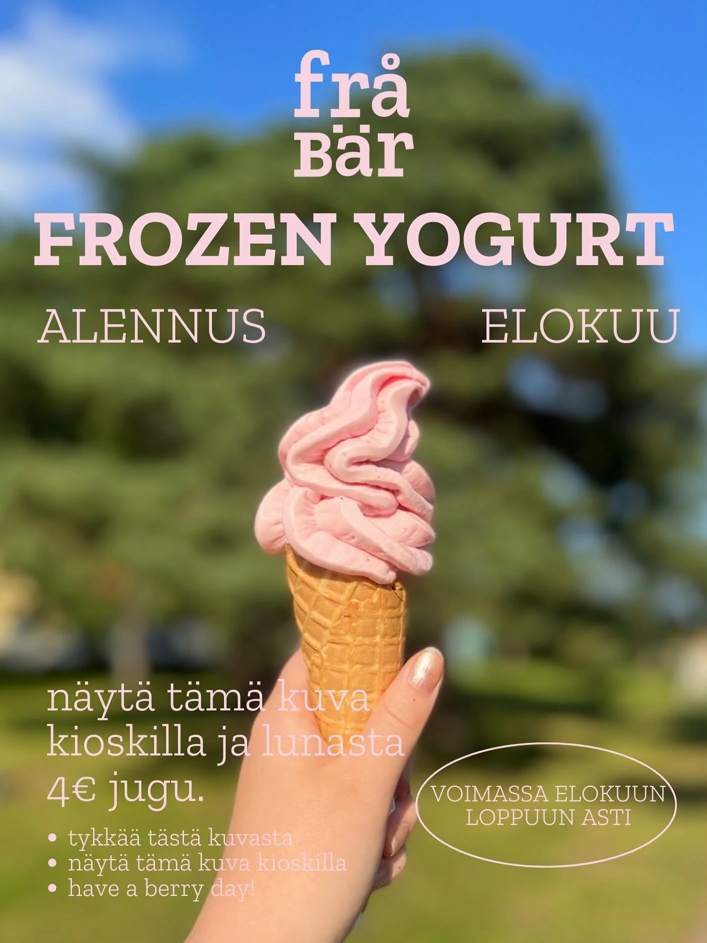 Elokuun alennus🍦💕

Miten lunastaa alennus?
🩷tykk&auml;&auml; kuvasta
🍦n&auml;yt&auml; kuva kioskilla
🍓have a berry day! 

#alennus #frozenyogurt #kotka #lahti #teurastamo #berries #uutus