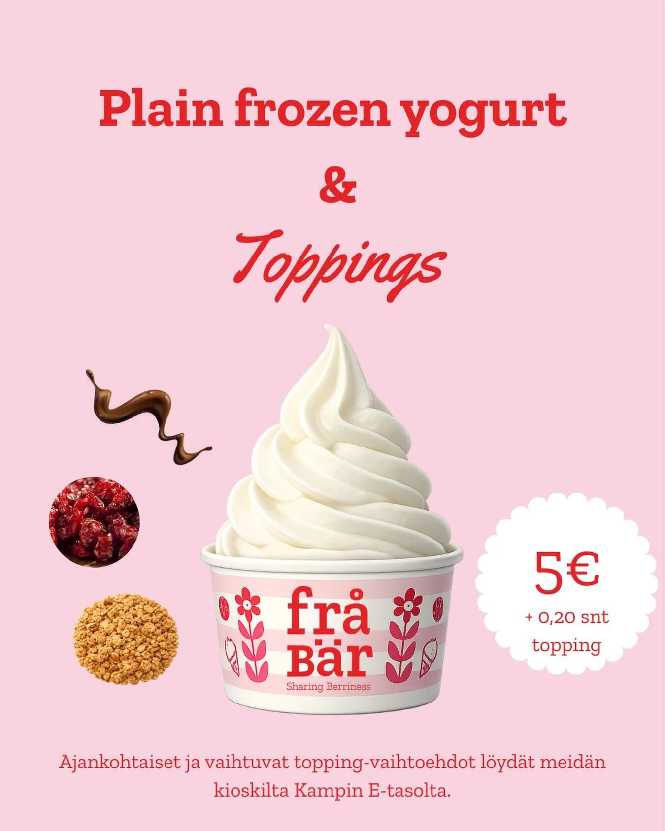 Paljon pyydetty maustamaton/plain frozen yogurt on t&auml;&auml;ll&auml;!🩷
Meid&auml;n frozen yogurt on raikasta, lis&auml;aineetonta ja makeutettu suomalaisella hunajalla🍯

Topping vaihtoehtoina t&auml;ll&auml; hetkell&auml;:
🌸vadelma granola (g,