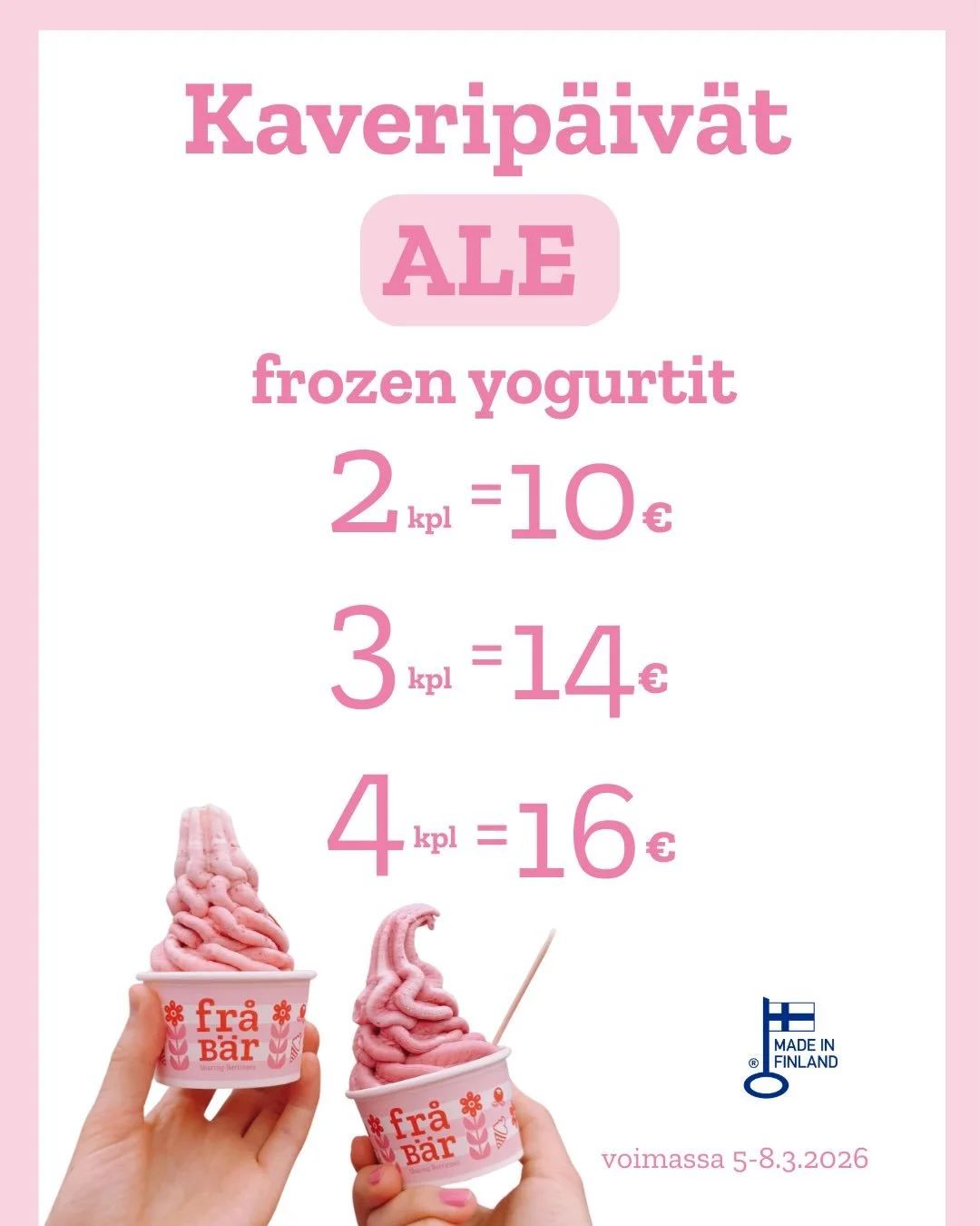 Nyt on paras hetki tulla frozen yogurtille kaverin kanssa!🩷

T&auml;ss&auml; meid&auml;n Kampin kaverip&auml;ivien tarjoukset💓🍦🍓

Kamppi E-taso avoinna:
ma-la klo 12-20
su 12-18

#kaverip&auml;iv&auml;t #kamppi #helsinki #frozenyogurt #healthytre