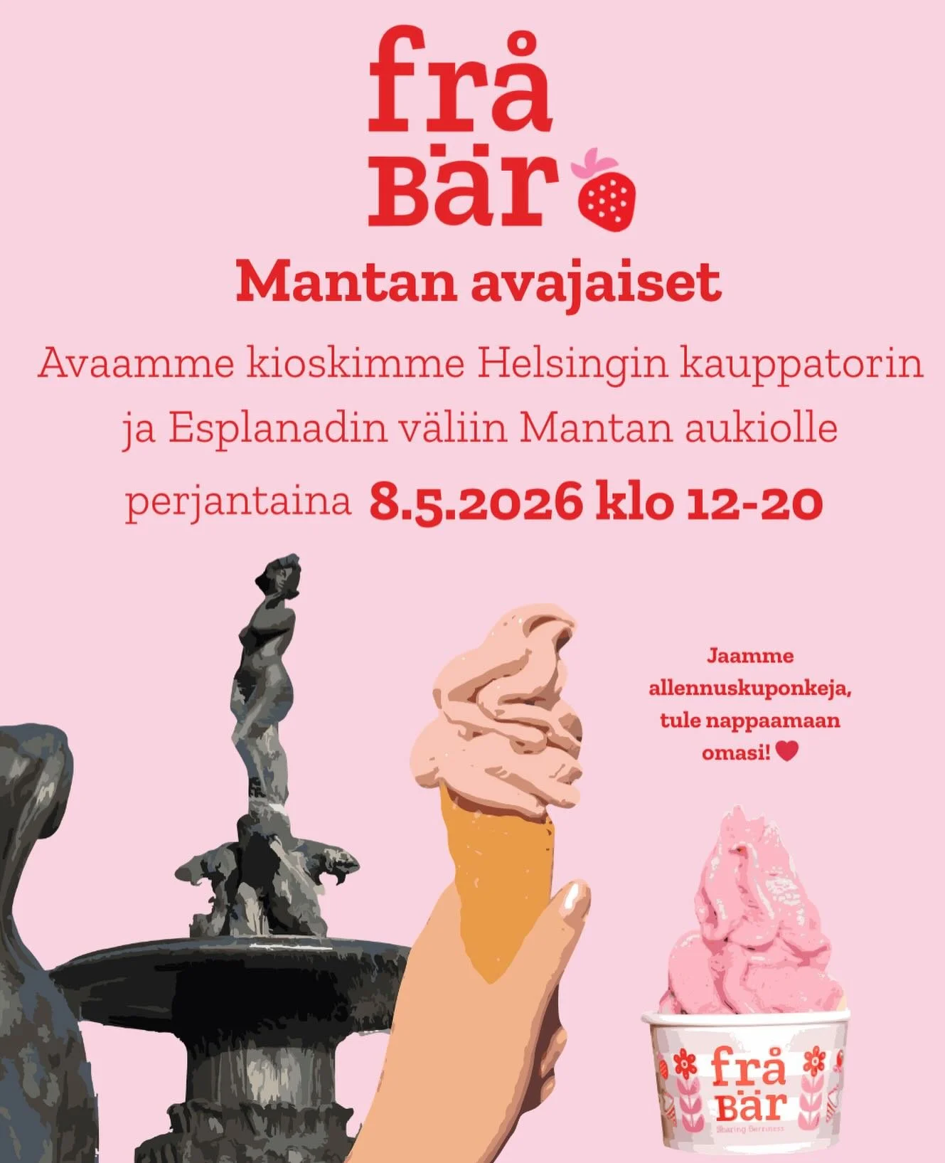 Kes&auml;n ensimm&auml;inen fr&aring;b&auml;r-kioski aukeaa huomenna Mantan aukiolle🩷

Tervetuloa kes&auml;n ensimm&auml;isille juguille!🍦

#frozenyogurt #avajaiset #helsinki #realberries #healthytreat