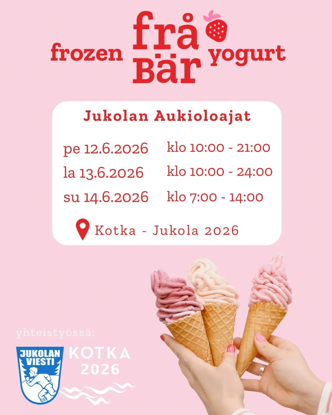 L&ouml;yd&auml;t meid&auml;t Kotka-Jukolasta viikonlopun ajan🏃🏼&zwj;♀️🩷

N&auml;hd&auml;&auml;n kiskalla!🍦🍓

#frozenyogurt  #jukola2026