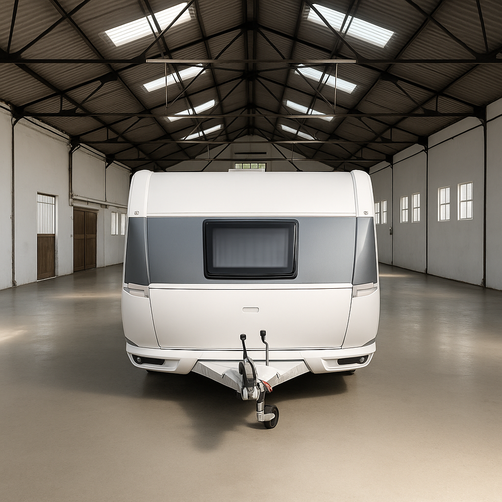 Caravan stalling / caravanstalling in Zeeland Paddock Plevier met caravan in de stalling.