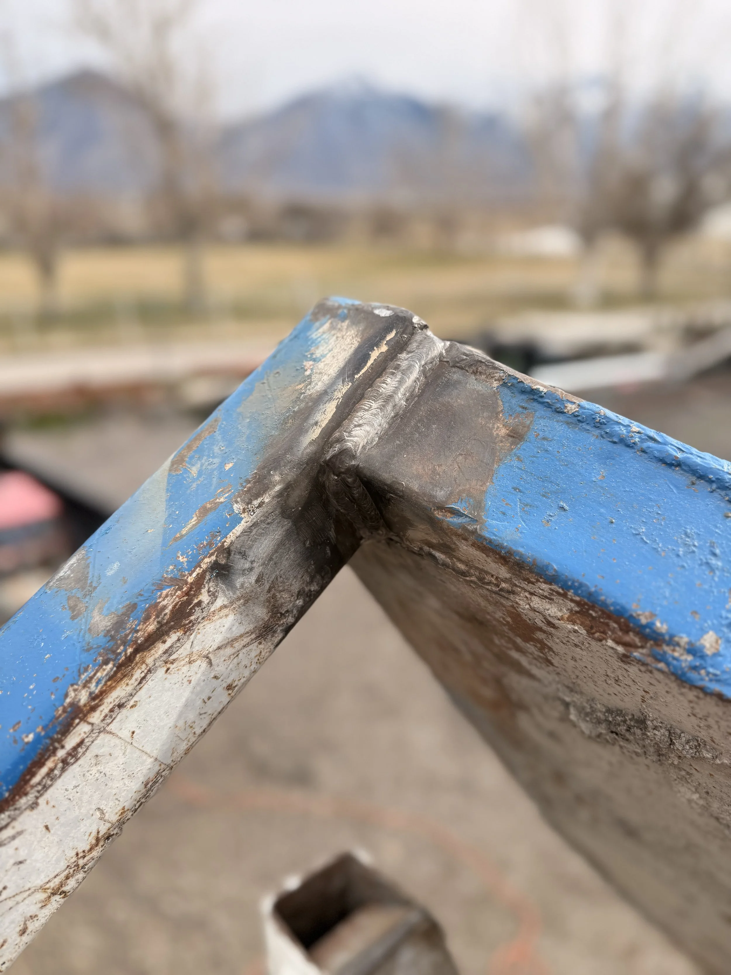 Close-up of a metal railing painted blue and white, showing chipped paint and rust, with a blurred outdoor background of trees and mountains.