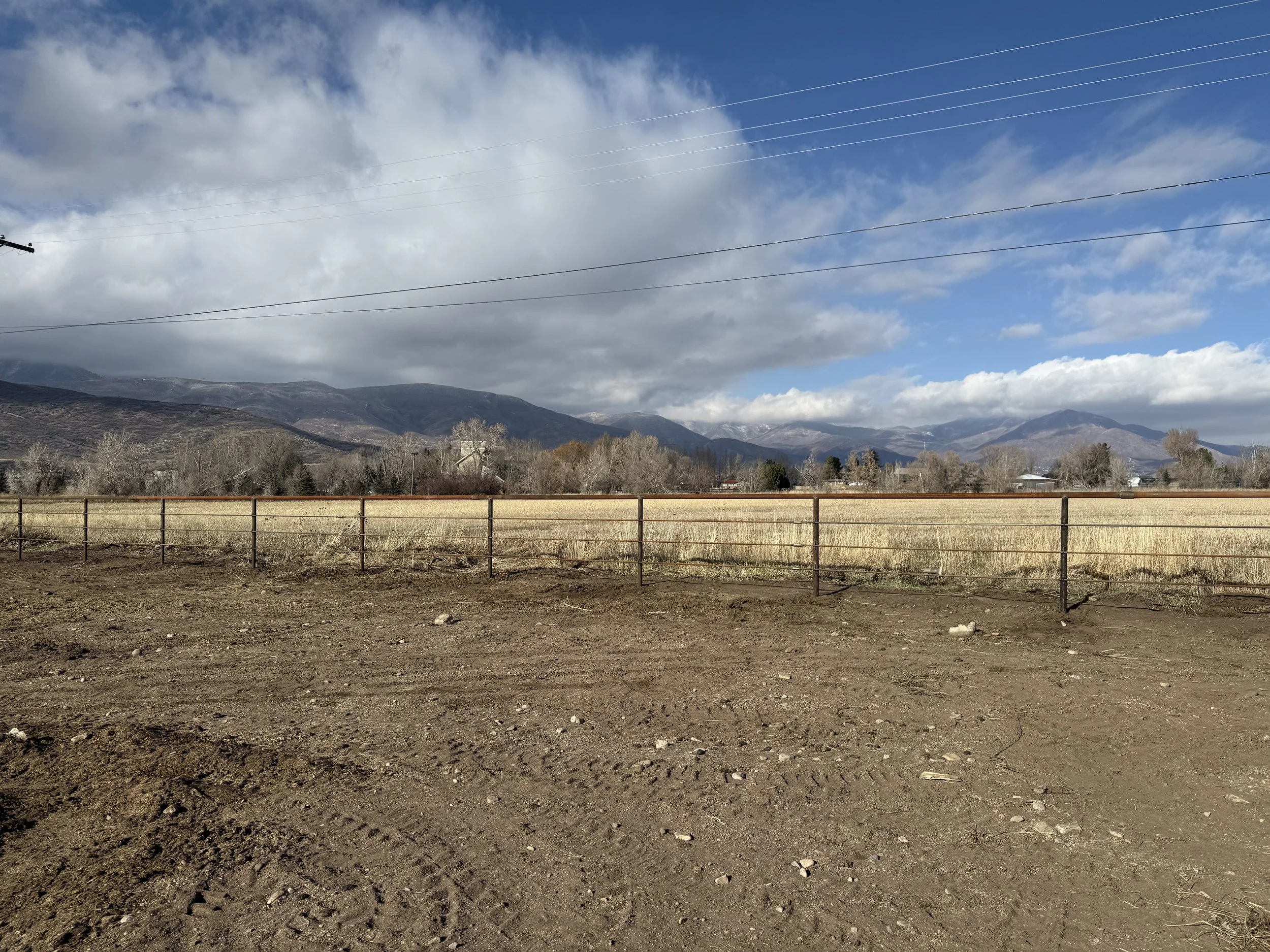 Open field with a dirt foreground, a metal fence, grassy area, trees, and mountains in the background under a partly cloudy sky.