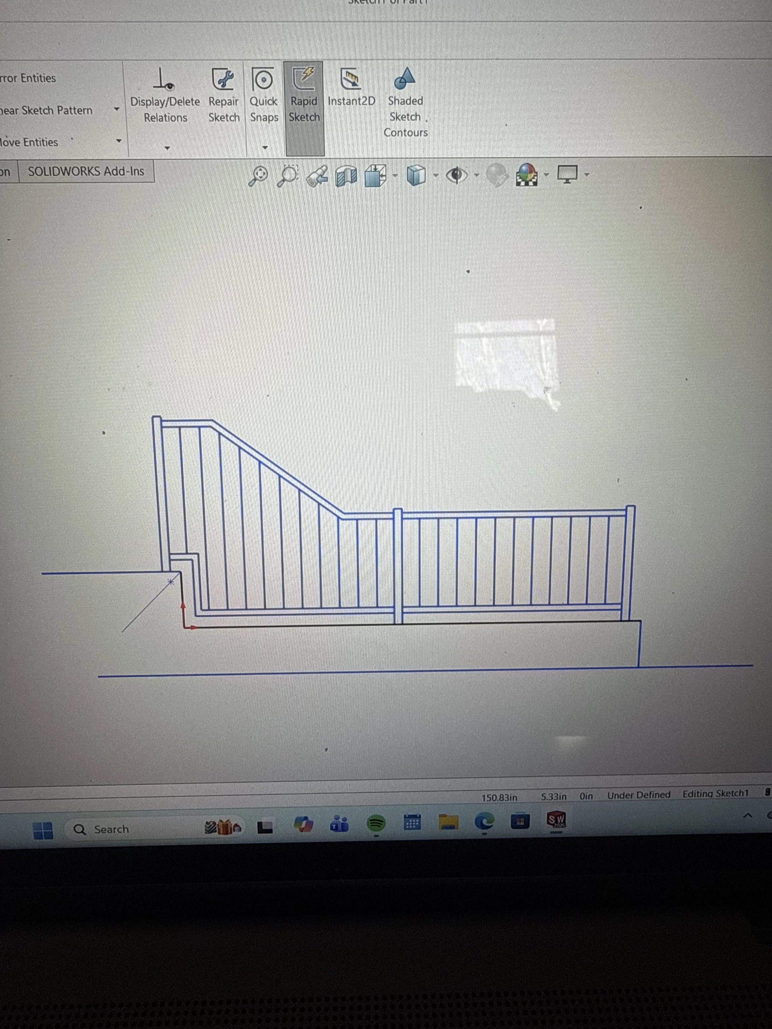 A CAD design of a wooden staircase with a railing, created in SolidWorks software.