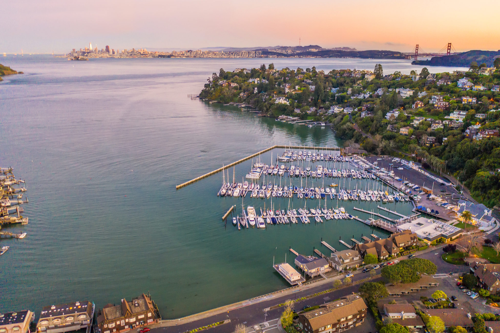 Aerial view of a marina with boats docked, neighborhoods with houses, and a bridge in the distance across a body of water at sunset.
