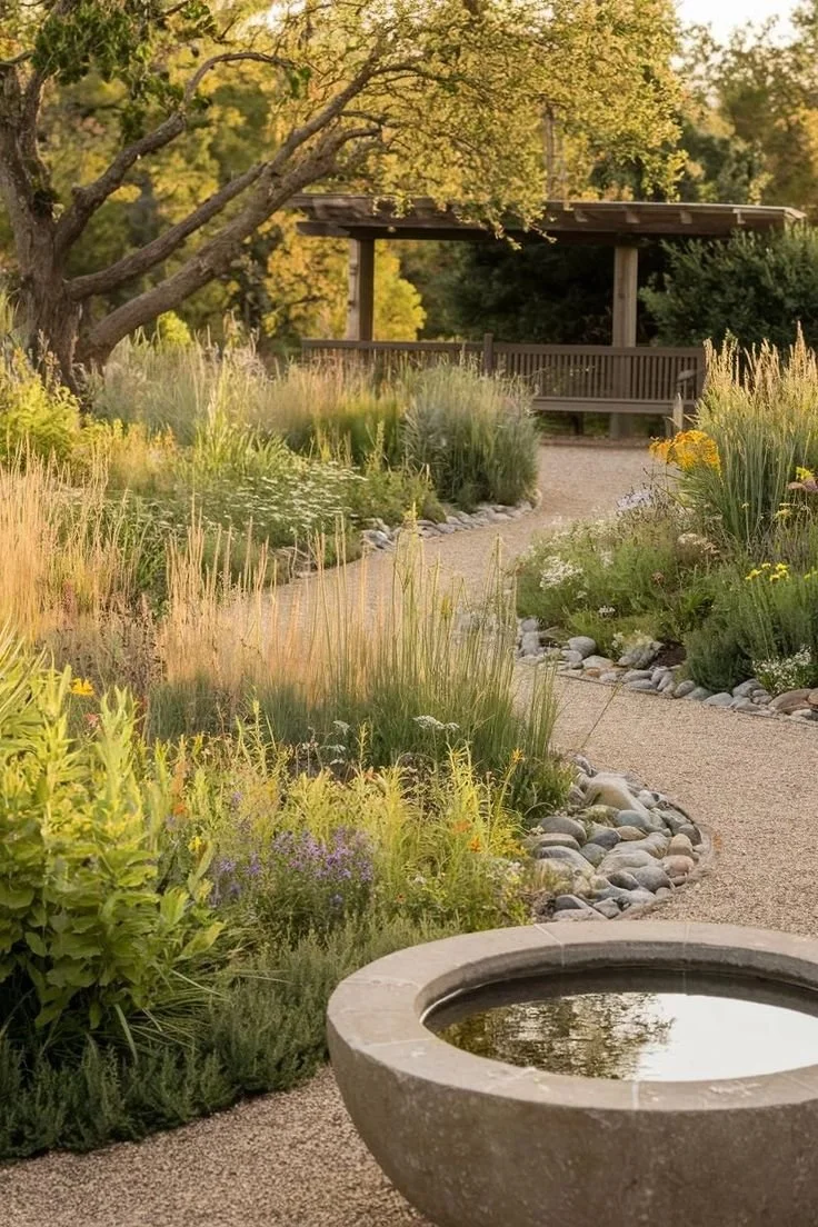 A peaceful garden pathway with lush green plants and colorful flowers, leading to a wooden bench under a roofed sitting area. A stone birdbath is in the foreground, and tall trees with yellowing leaves suggest autumn.