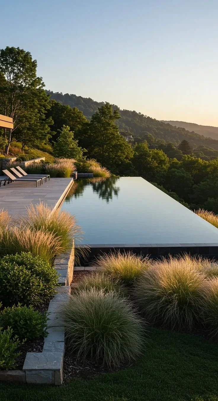 An infinity pool overlooking a lush green hillside at sunset, with lounge chairs on a stone patio and ornamental grasses surrounding the area.