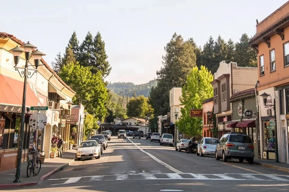 A small town commercial street with parked cars on both sides, businesses, and green trees, with a backdrop of forested hills.