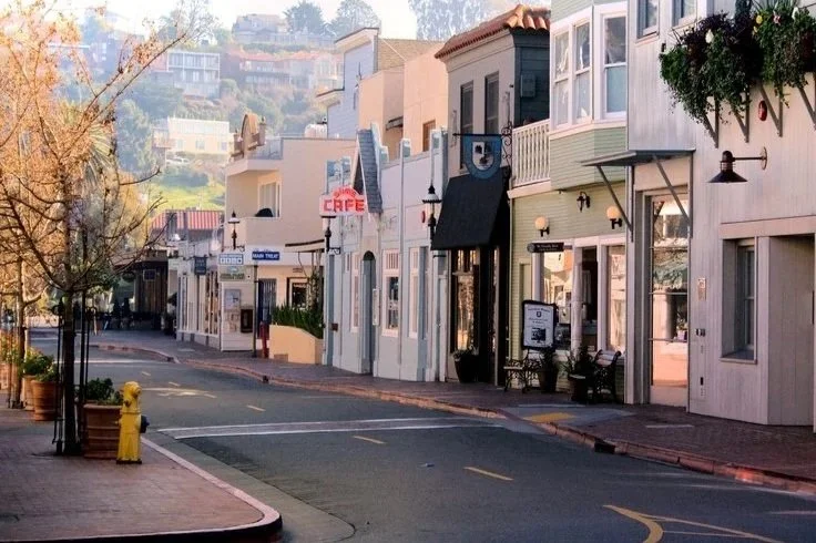 Empty street with storefronts, small trees, and potted plants in a downtown area, with a hill in the background.