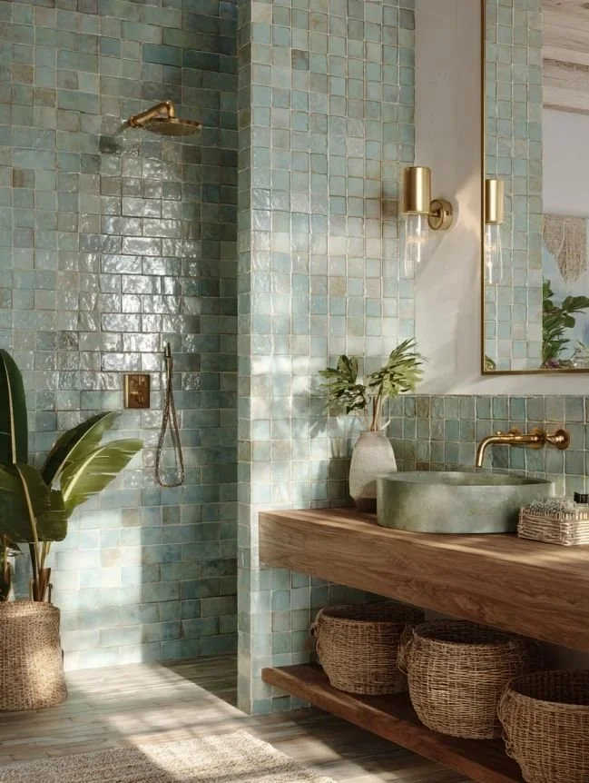 Bathroom with green tiled walls, a gold showerhead, a wooden vanity with a green stone sink, a large mirror, wall-mounted sconces, a vase with green plants, a large potted plant, and woven baskets underneath the vanity.