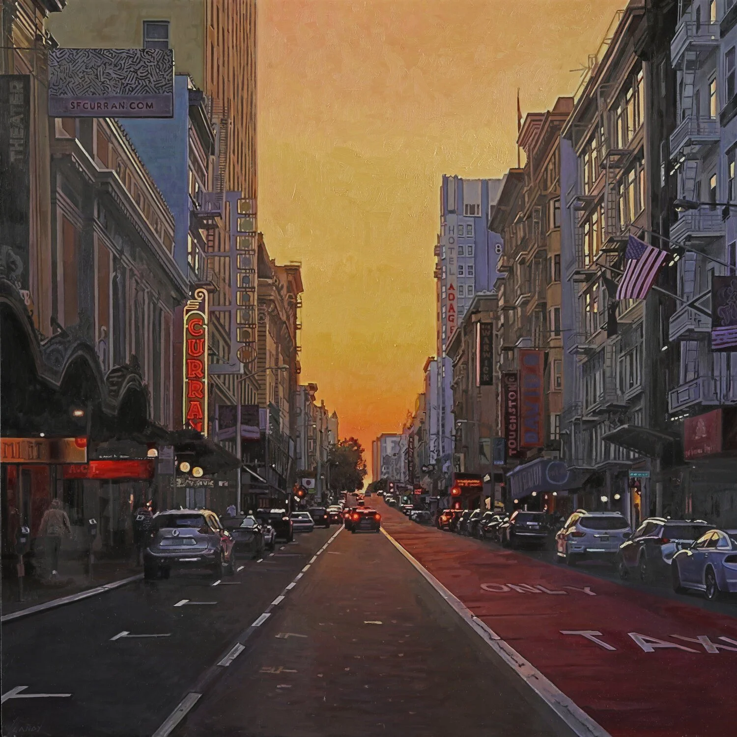  Sunset on Geary, 36” x 36”, oil on panel  Sold 
