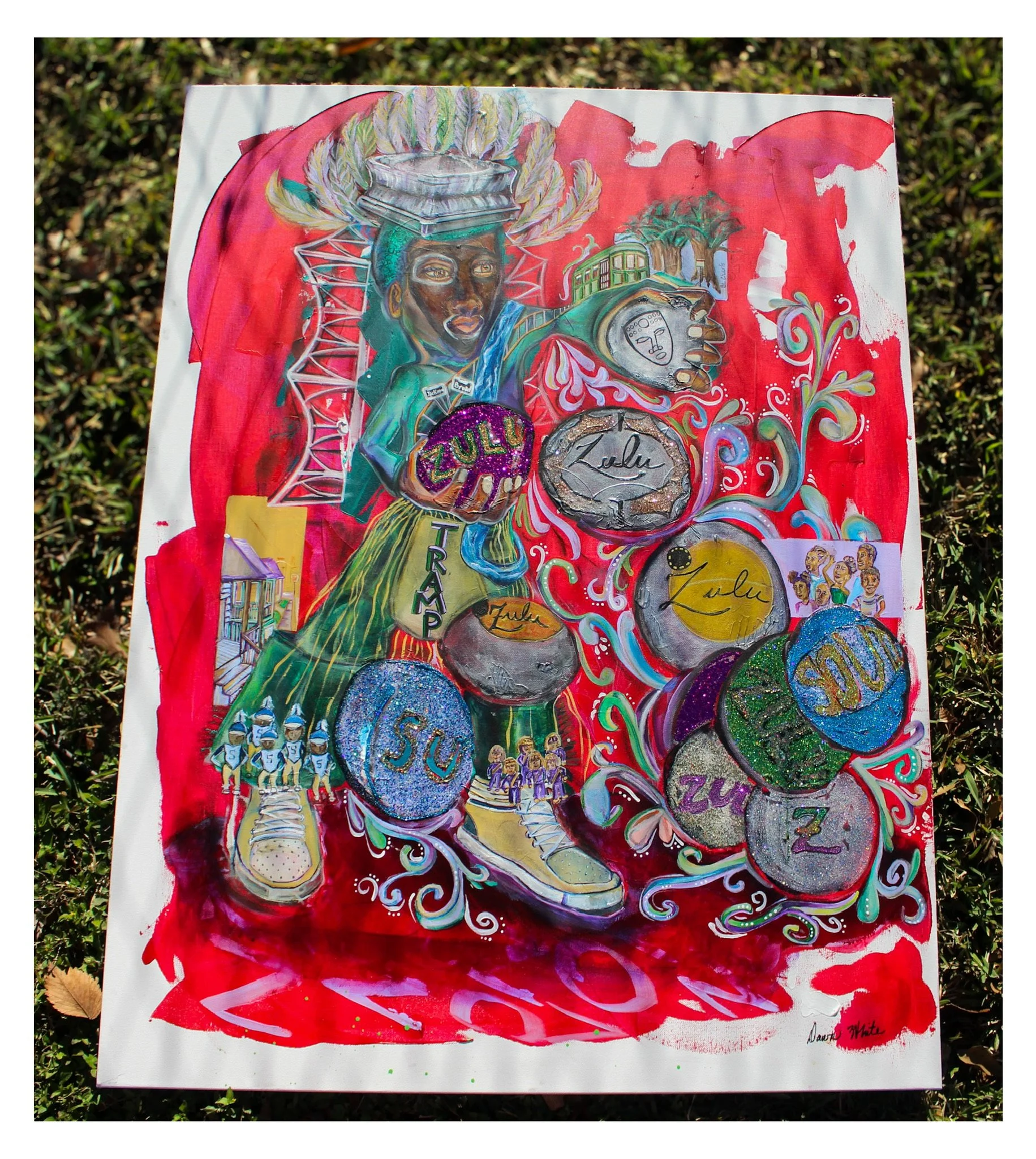 Painting of Zulu Tramp handing out coconuts, a Madi Gras tradition.  Small scene depicting the pardie route starting with Jackson Ave.  with the houses,  then taking us to St. Charles with the street car, and last but not last Broad St.