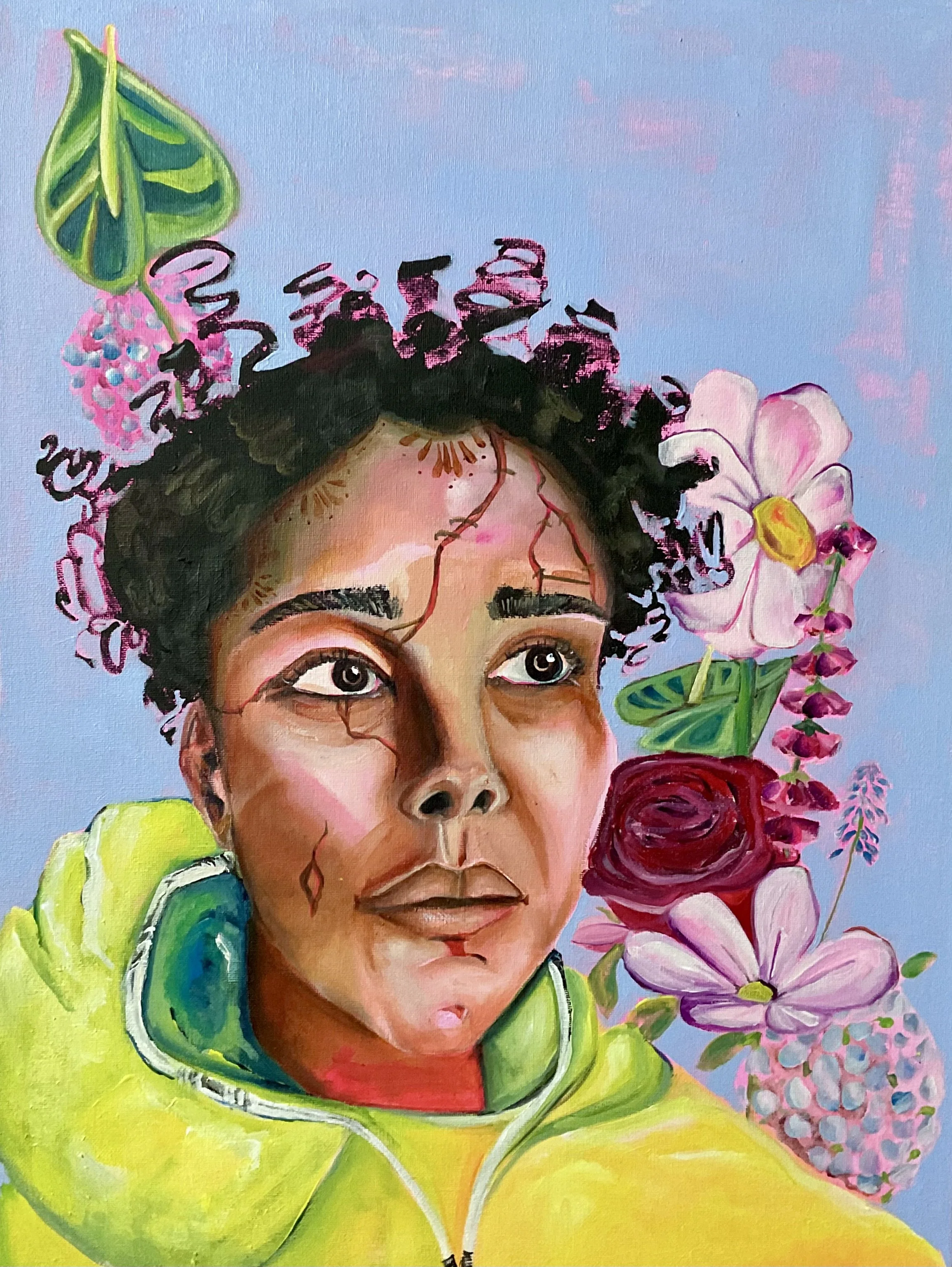 A colorful painting of Dawn White with flowers and leaves in her hair, wearing a yellow hoodie, against a blue background.