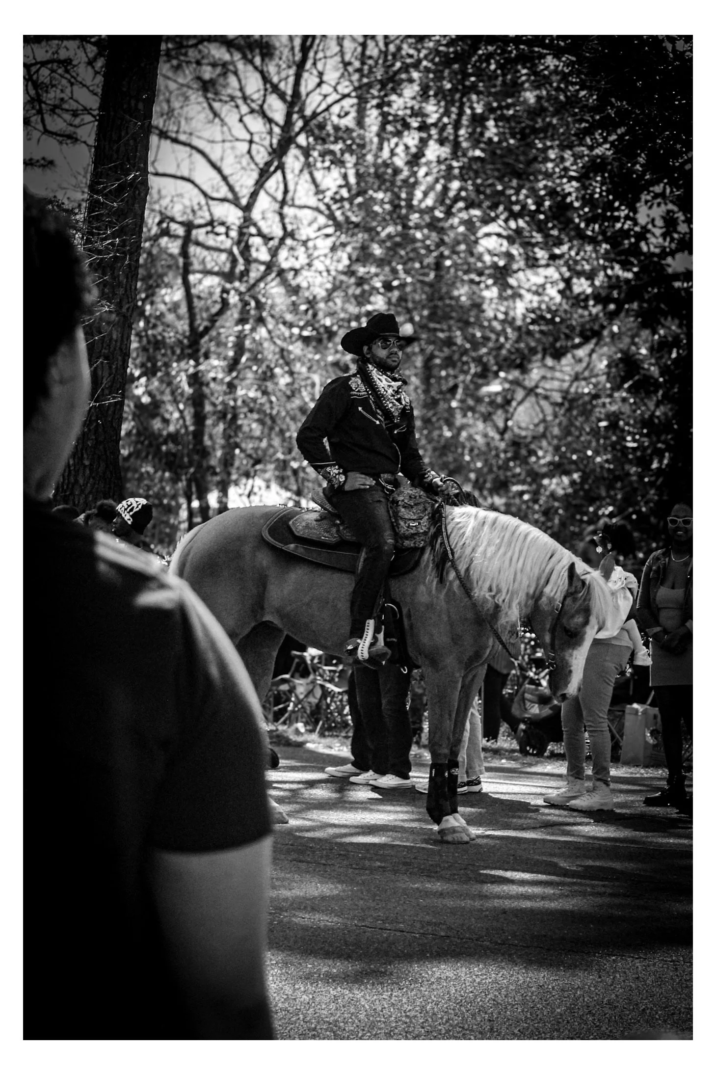 Man wearing cowboy hat, sunglasses, and bandana sitting on a horse, surrounded by people outdoors with trees in the background.