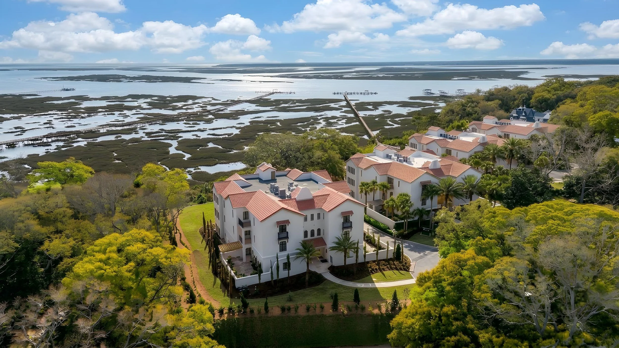 Aerial view of white Mediterranean-style residential buildings with red-tiled roofs, lush green trees, and walkways near a marshland with water and islands in the background under a partly cloudy sky.