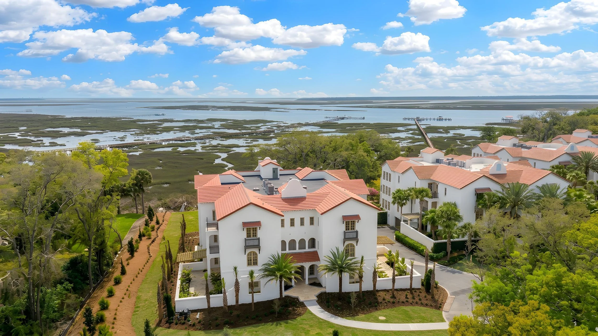 The Landings On Amelia River. Aerial view of Mediterranean-style white buildings with terracotta roofs, lush green trees, and a view of marshland and water in the background on a sunny day.