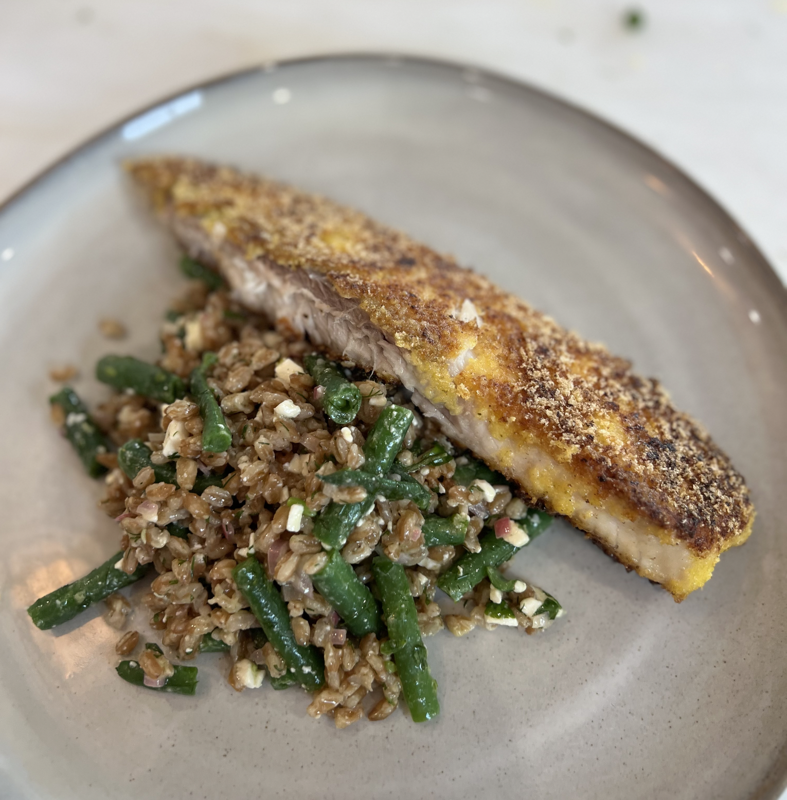 Funyun Crusted Tilapia with Farro Salad