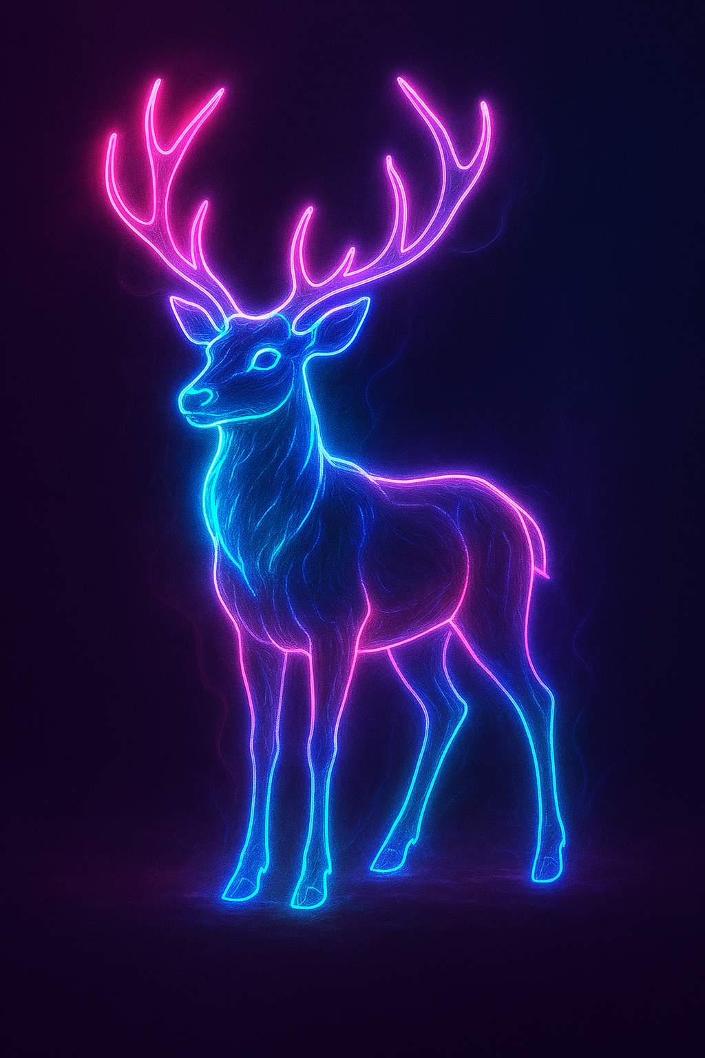 Neon outline of a stag with large antlers, glowing in pink and blue against a dark background.