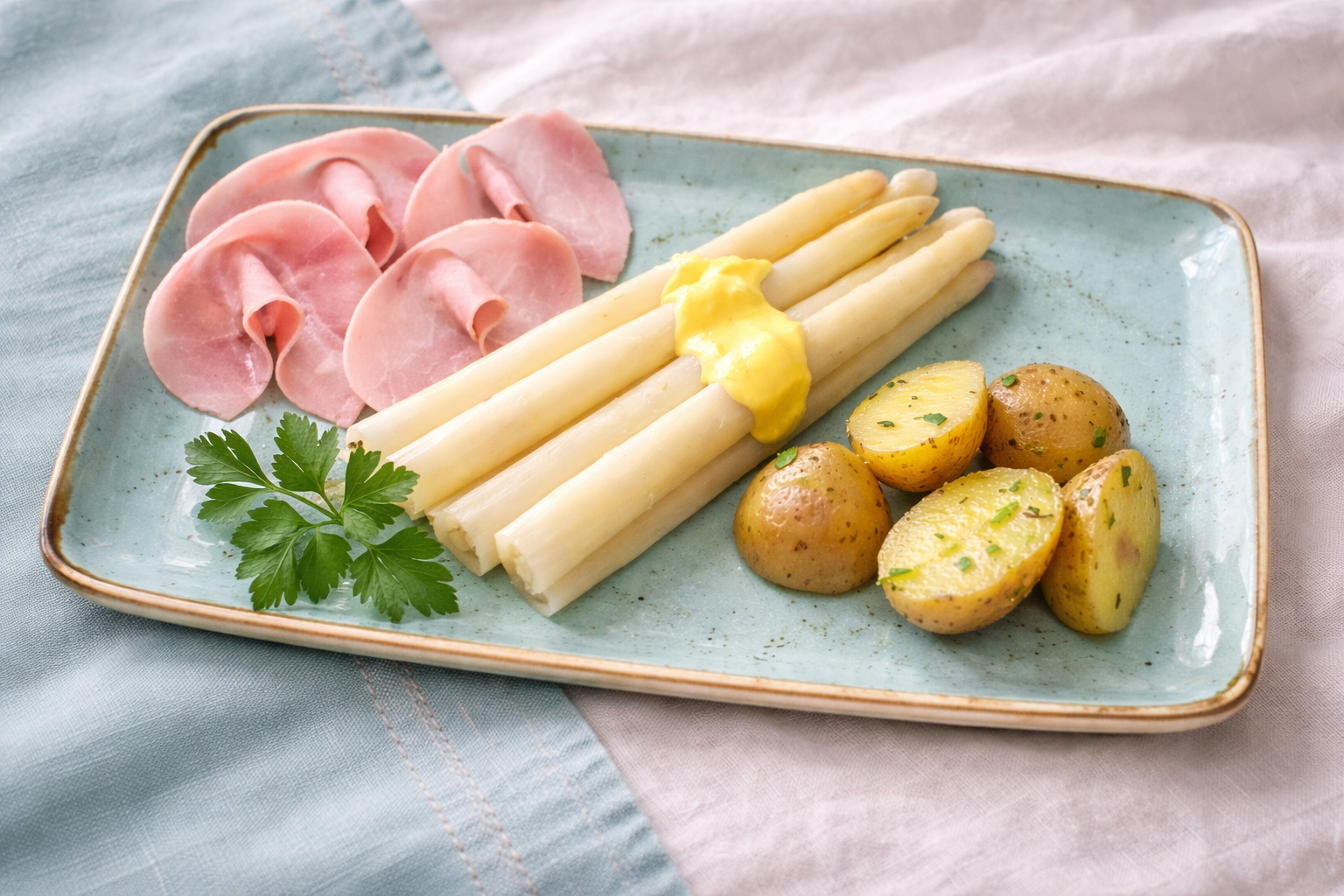 Frühstücksteller mit Schinken, Spargel mit Sauce, kleine Salzkartoffeln mit Kräutern und Petersilie, auf einer blauen und weißen Stofftischdecke.