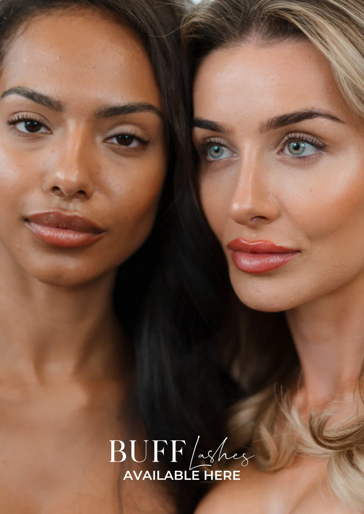 Close-up of two women with different skin tones and hair colors, advertising BUFF/ashes eyelashes, with the text 'BUFF/ashes AVAILABLE HERE' at the bottom.