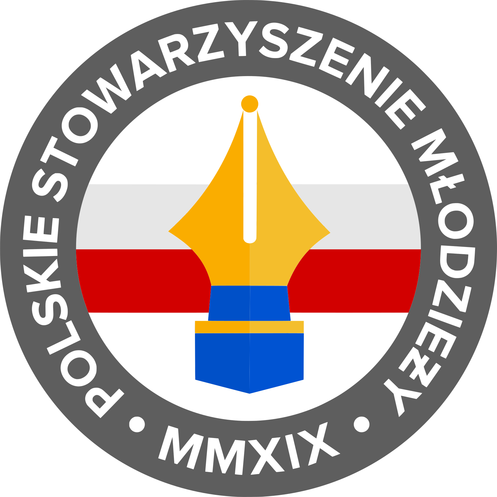 Seal of the Supreme Administrative Court of Poland featuring a yellow fountain pen nib, a blue ink bottle, and the Polish flag with the inscription 'Polskie Stowarzyszenie Młodzieży. MMXIX' around the edge.