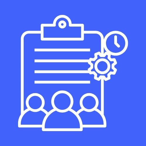 Icon of a clipboard with a clock, gear, and three people beneath it, symbolizing task management or team scheduling.