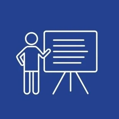 A person standing next to a presentation board with lines of text, on a blue background.
