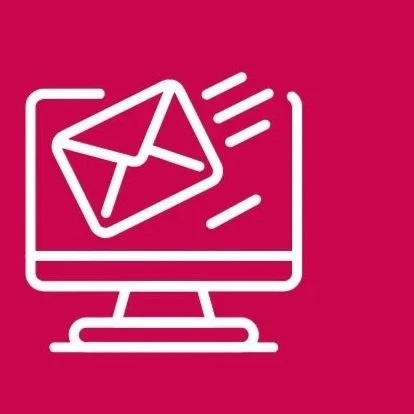 Computer screen with email envelope icon and motion lines on a pink background.