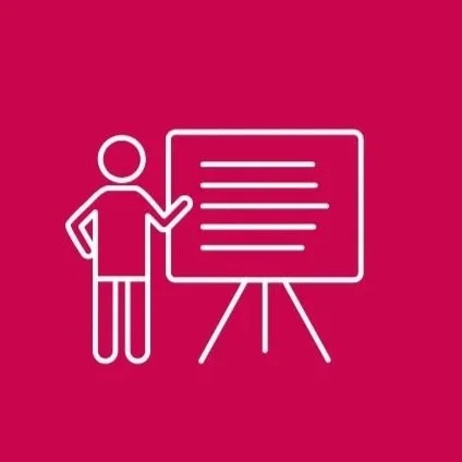 Icon of a person teaching or presenting in front of a presentation board on a pink background.