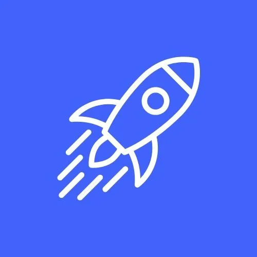 Simplistic white rocket icon with motion lines on a blue background.