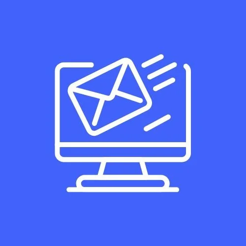 Computer monitor with email icon and motion lines on a blue background.