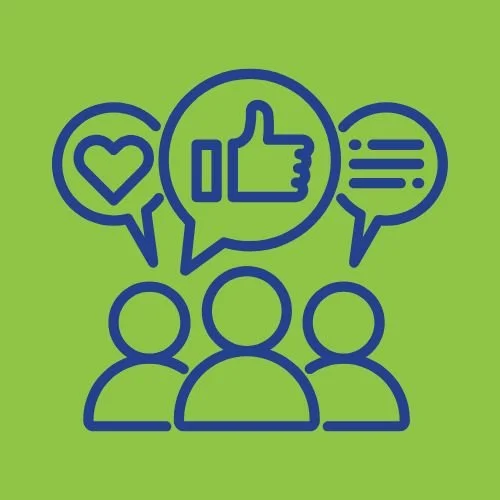 Three people with speech bubbles showing a heart, a thumbs-up, and lines of text, on a green background.