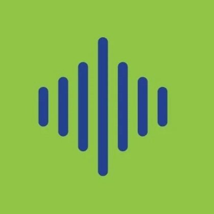 Green background with a blue sound wave symbol in the center.