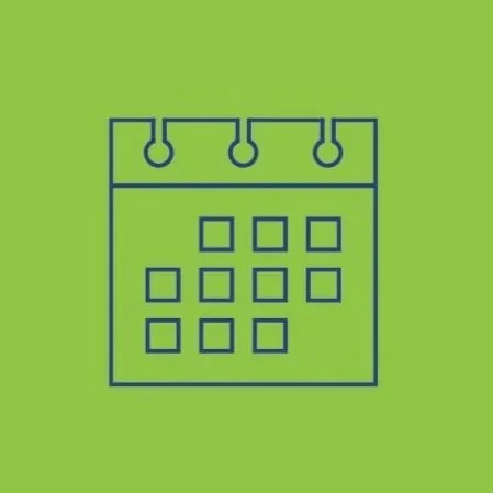 Line drawing of a calendar icon on a green background.