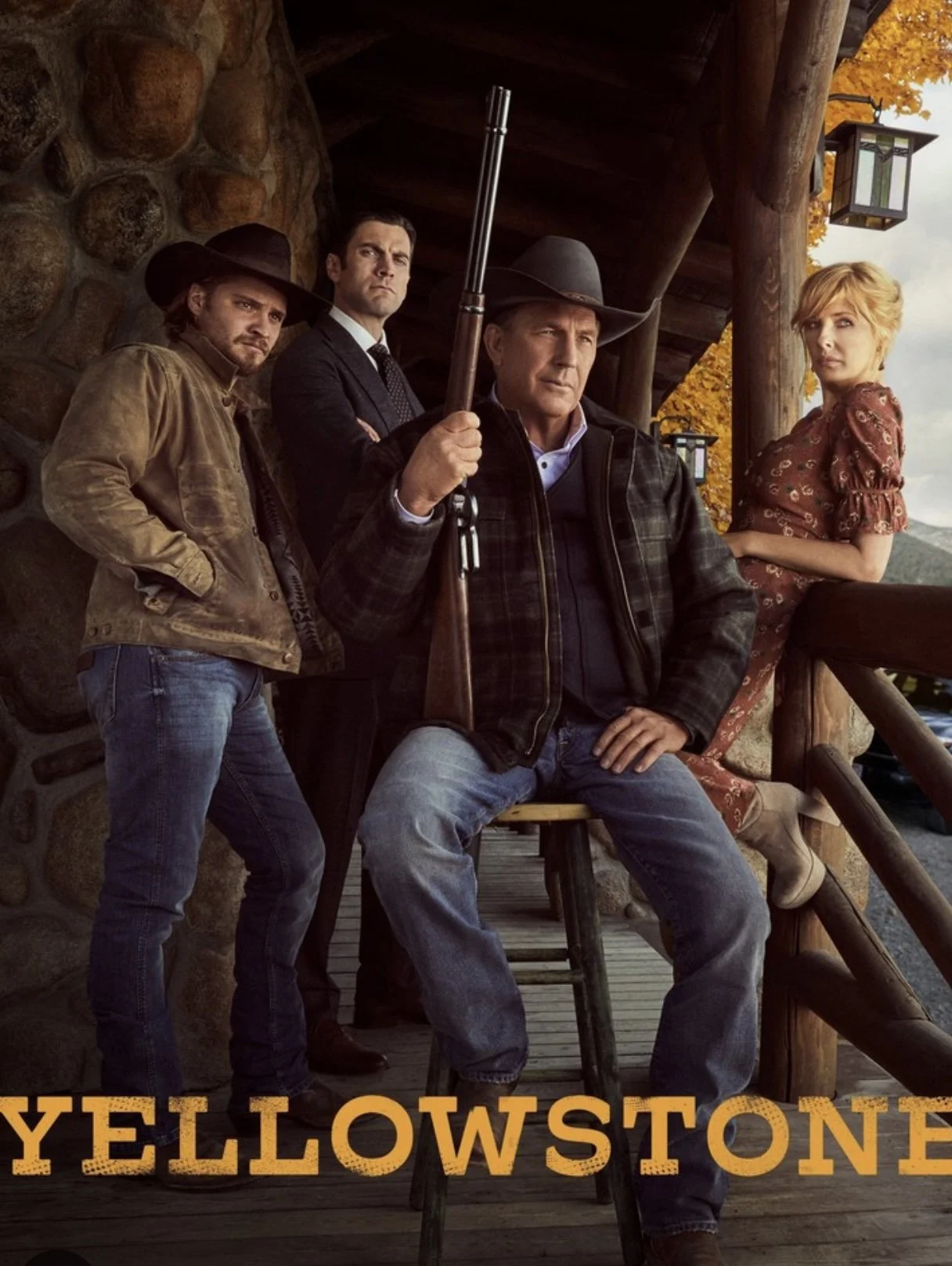 Promotional image for the television series Yellowstone, featuring five characters outdoors near a log cabin: a man with a gun, a woman in a floral dress, and three men in dark clothing.